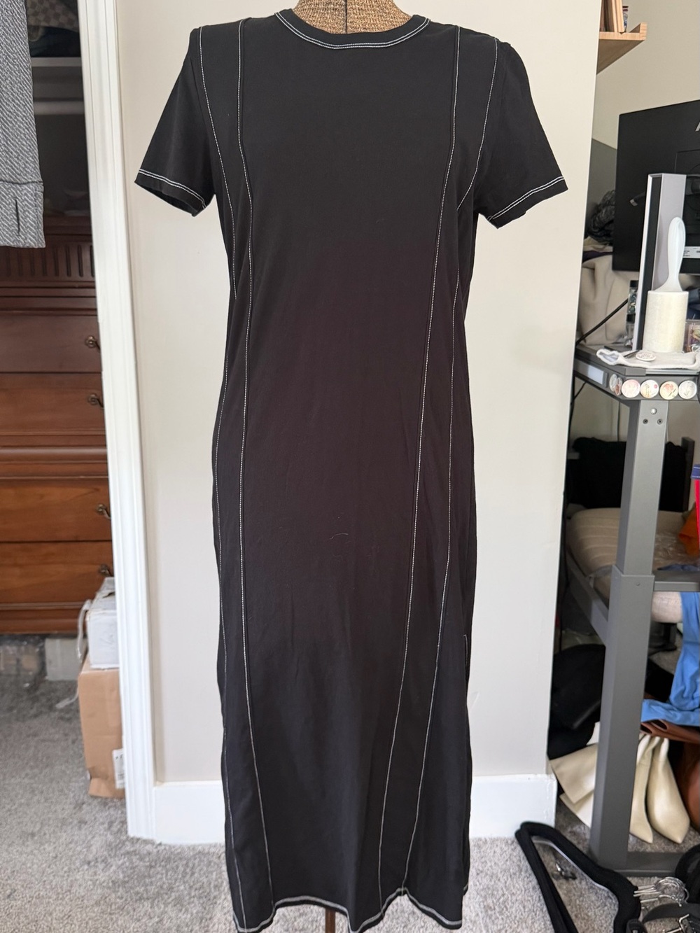 Pistola Kay Paneled Black Midi T-Shirt Dress with Contrast Stitching, S